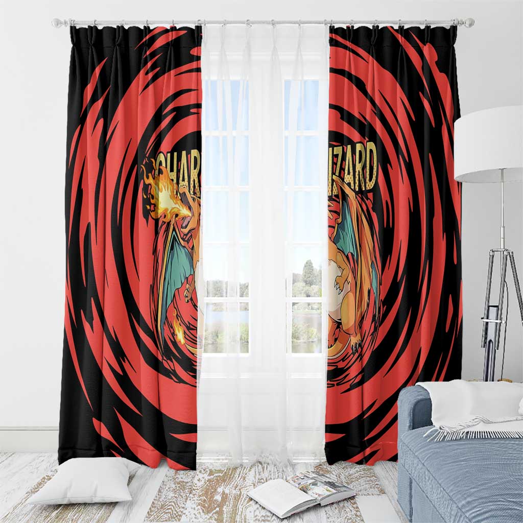 Charizard Pokémon Red and Black Swirl Design Window Curtain with Flames, Pokéball Accents, and Dynamic Fire-Breathing Pose - The Mazicc