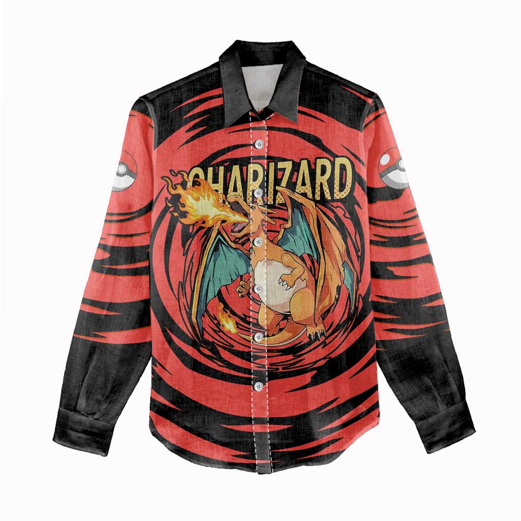 Charizard Pokémon Red and Black Swirl Design Women Casual Shirt with Flames, Pokéball Accents, and Dynamic Fire-Breathing Pose - The Mazicc