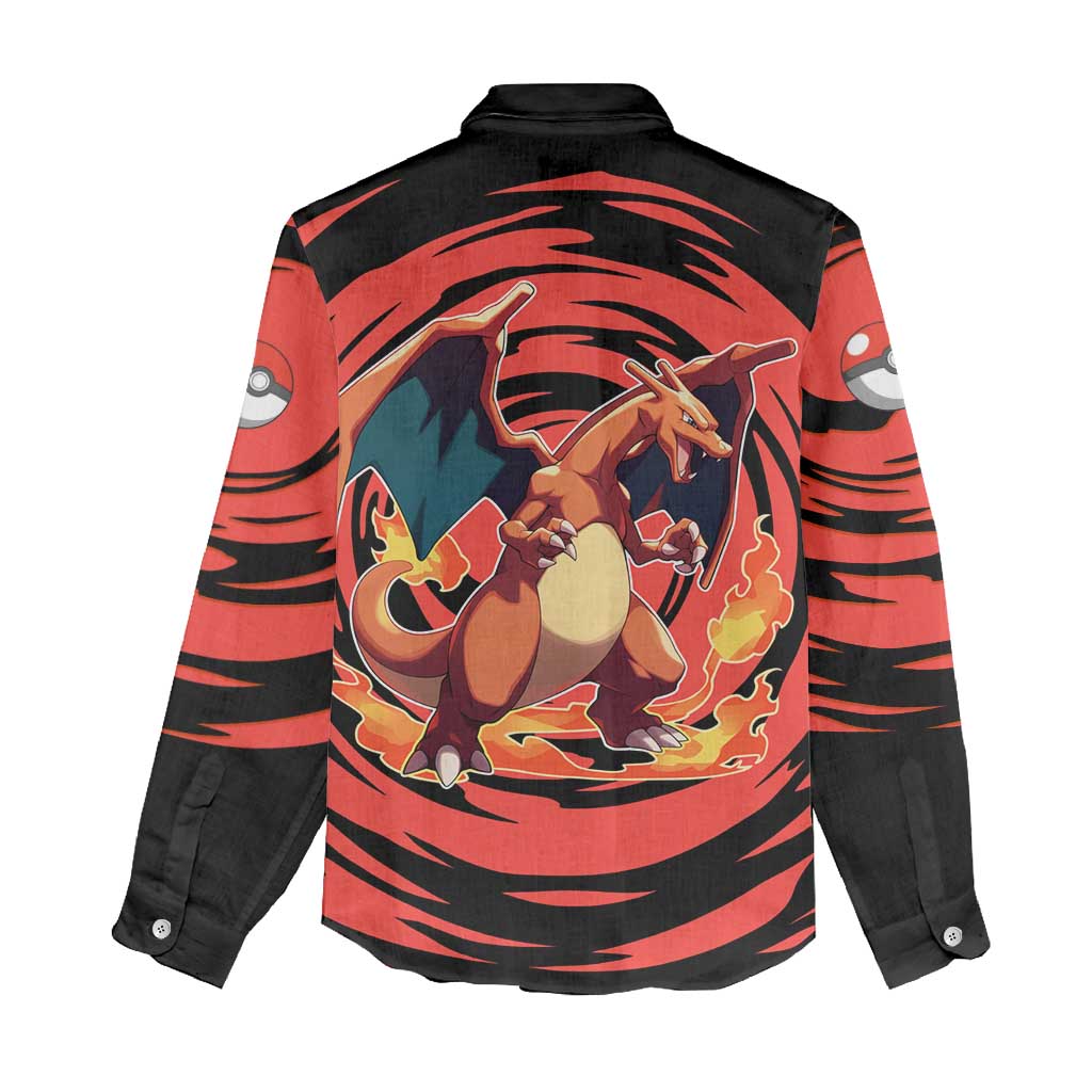 Charizard Pokémon Red and Black Swirl Design Women Casual Shirt with Flames, Pokéball Accents, and Dynamic Fire-Breathing Pose - The Mazicc