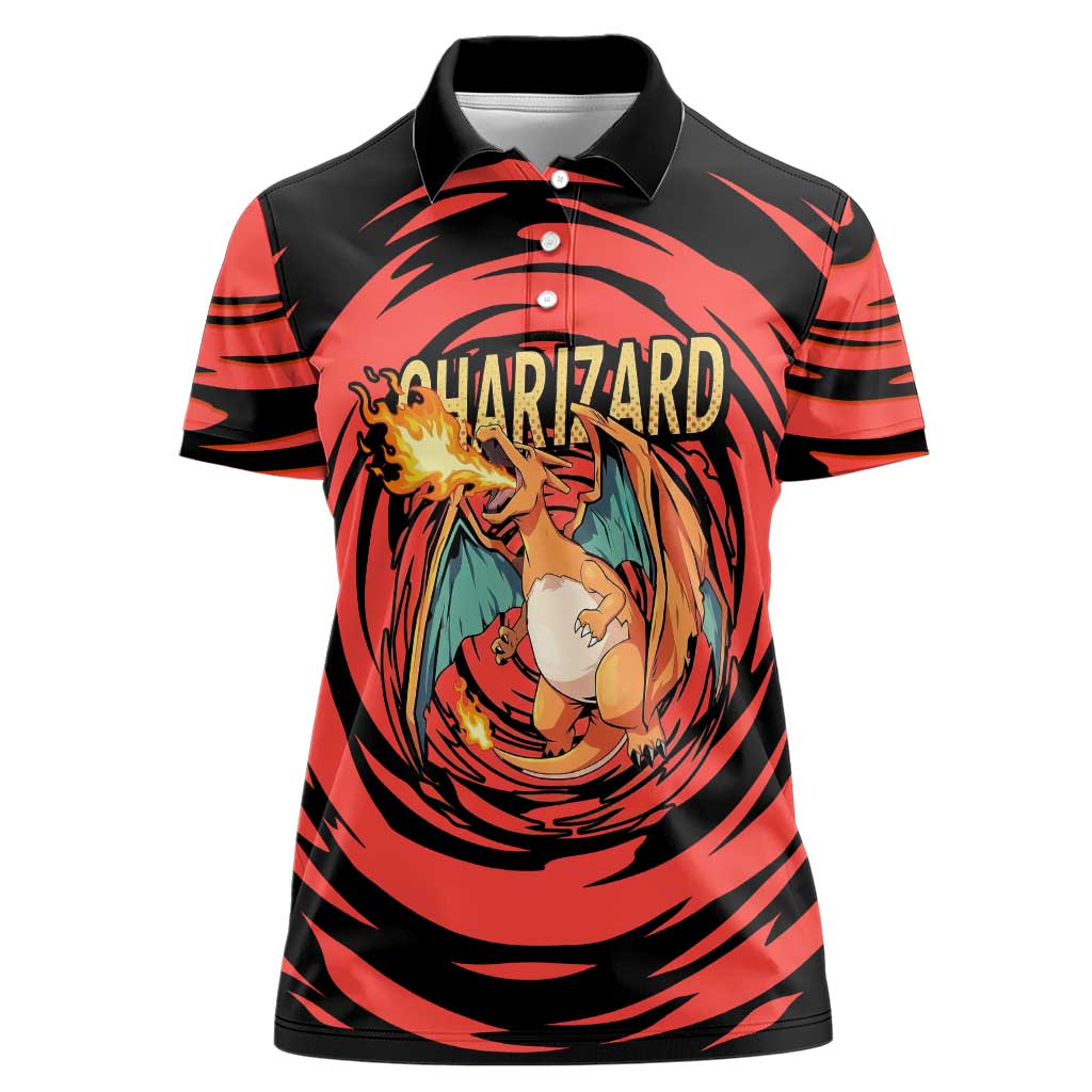 Charizard Pokémon Red and Black Swirl Design Women Polo Shirt with Flames, Pokéball Accents, and Dynamic Fire-Breathing Pose - The Mazicc