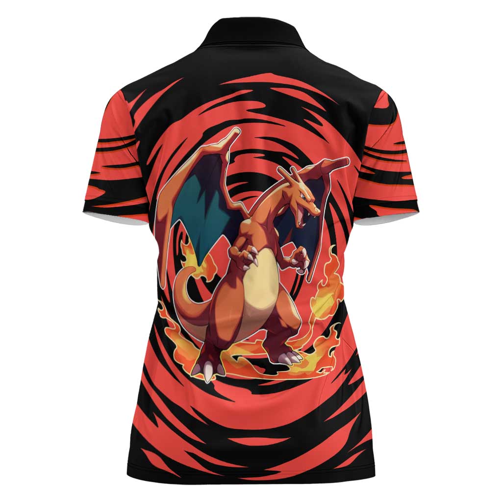 Charizard Pokémon Red and Black Swirl Design Women Polo Shirt with Flames, Pokéball Accents, and Dynamic Fire-Breathing Pose - The Mazicc