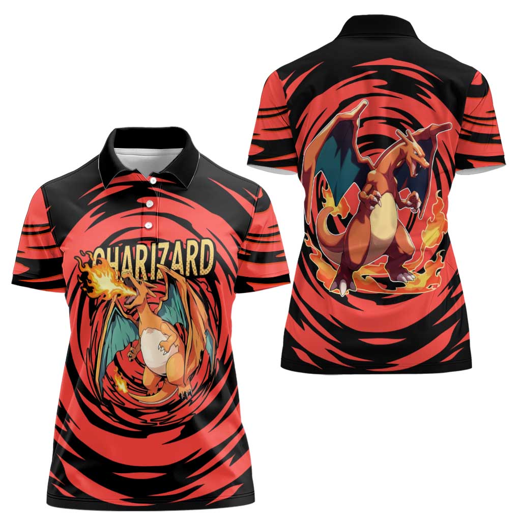 Charizard Pokémon Red and Black Swirl Design Women Polo Shirt with Flames, Pokéball Accents, and Dynamic Fire-Breathing Pose - The Mazicc
