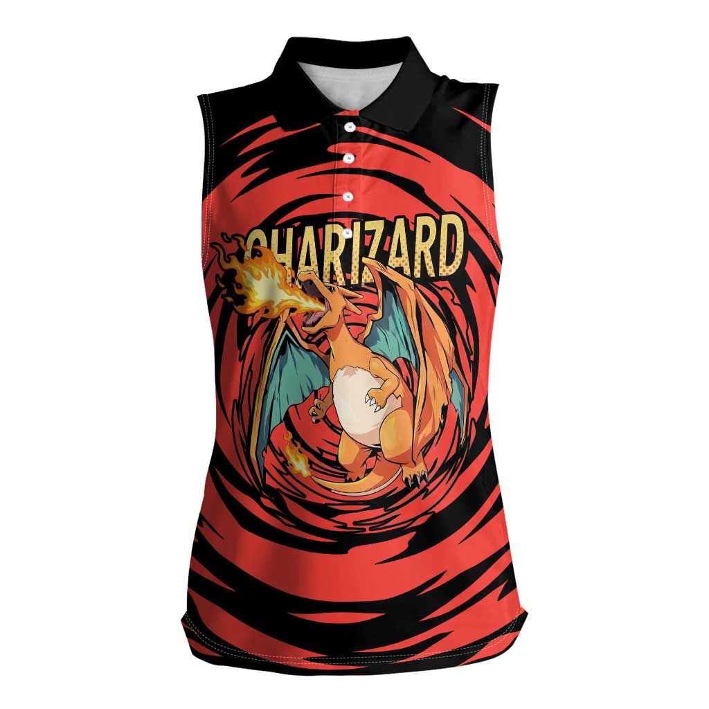 Charizard Pokémon Red and Black Swirl Design Women Sleeveless Polo Shirt with Flames, Pokéball Accents, and Dynamic Fire-Breathing Pose - The Mazicc
