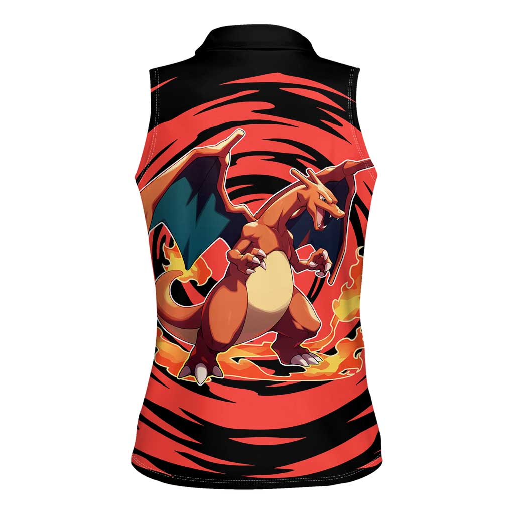 Charizard Pokémon Red and Black Swirl Design Women Sleeveless Polo Shirt with Flames, Pokéball Accents, and Dynamic Fire-Breathing Pose - The Mazicc