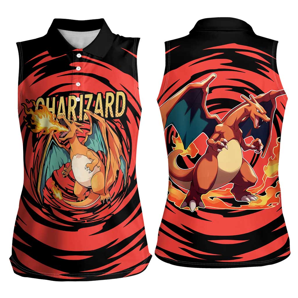 Charizard Pokémon Red and Black Swirl Design Women Sleeveless Polo Shirt with Flames, Pokéball Accents, and Dynamic Fire-Breathing Pose - The Mazicc
