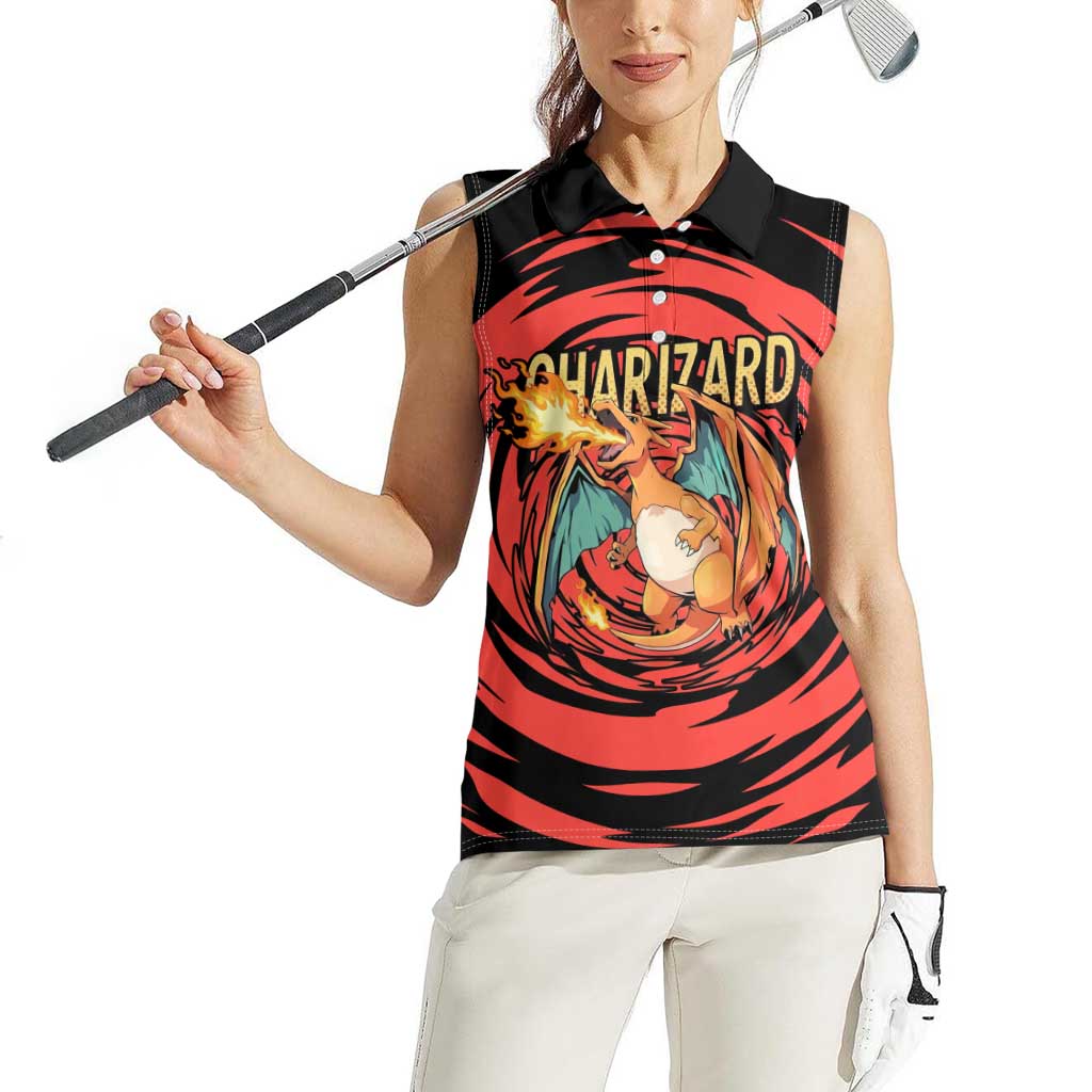 Charizard Pokémon Red and Black Swirl Design Women Sleeveless Polo Shirt with Flames, Pokéball Accents, and Dynamic Fire-Breathing Pose - The Mazicc