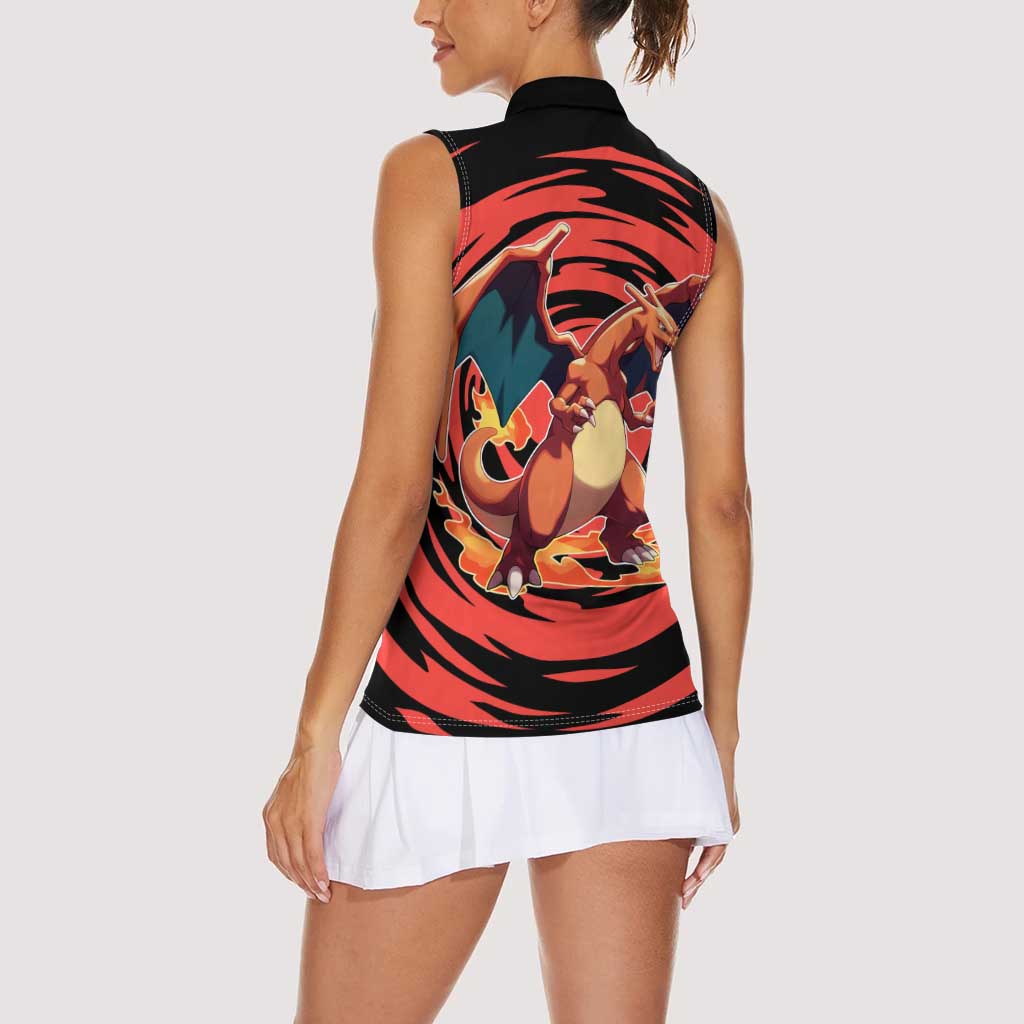 Charizard Pokémon Red and Black Swirl Design Women Sleeveless Polo Shirt with Flames, Pokéball Accents, and Dynamic Fire-Breathing Pose - The Mazicc