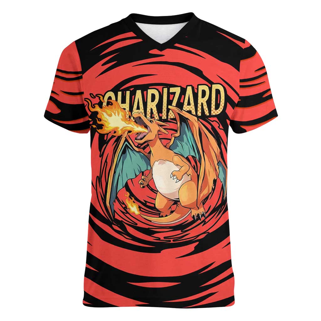 Charizard Pokémon Red and Black Swirl Design Women V-Neck T-Shirt with Flames, Pokéball Accents, and Dynamic Fire-Breathing Pose - The Mazicc