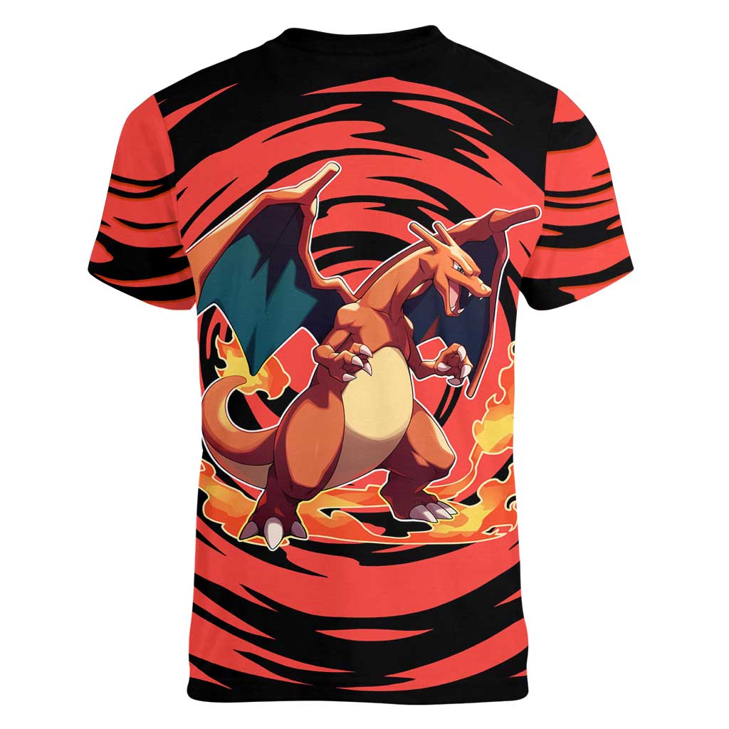 Charizard Pokémon Red and Black Swirl Design Women V-Neck T-Shirt with Flames, Pokéball Accents, and Dynamic Fire-Breathing Pose - The Mazicc