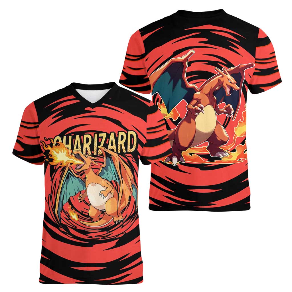 Charizard Pokémon Red and Black Swirl Design Women V-Neck T-Shirt with Flames, Pokéball Accents, and Dynamic Fire-Breathing Pose - The Mazicc