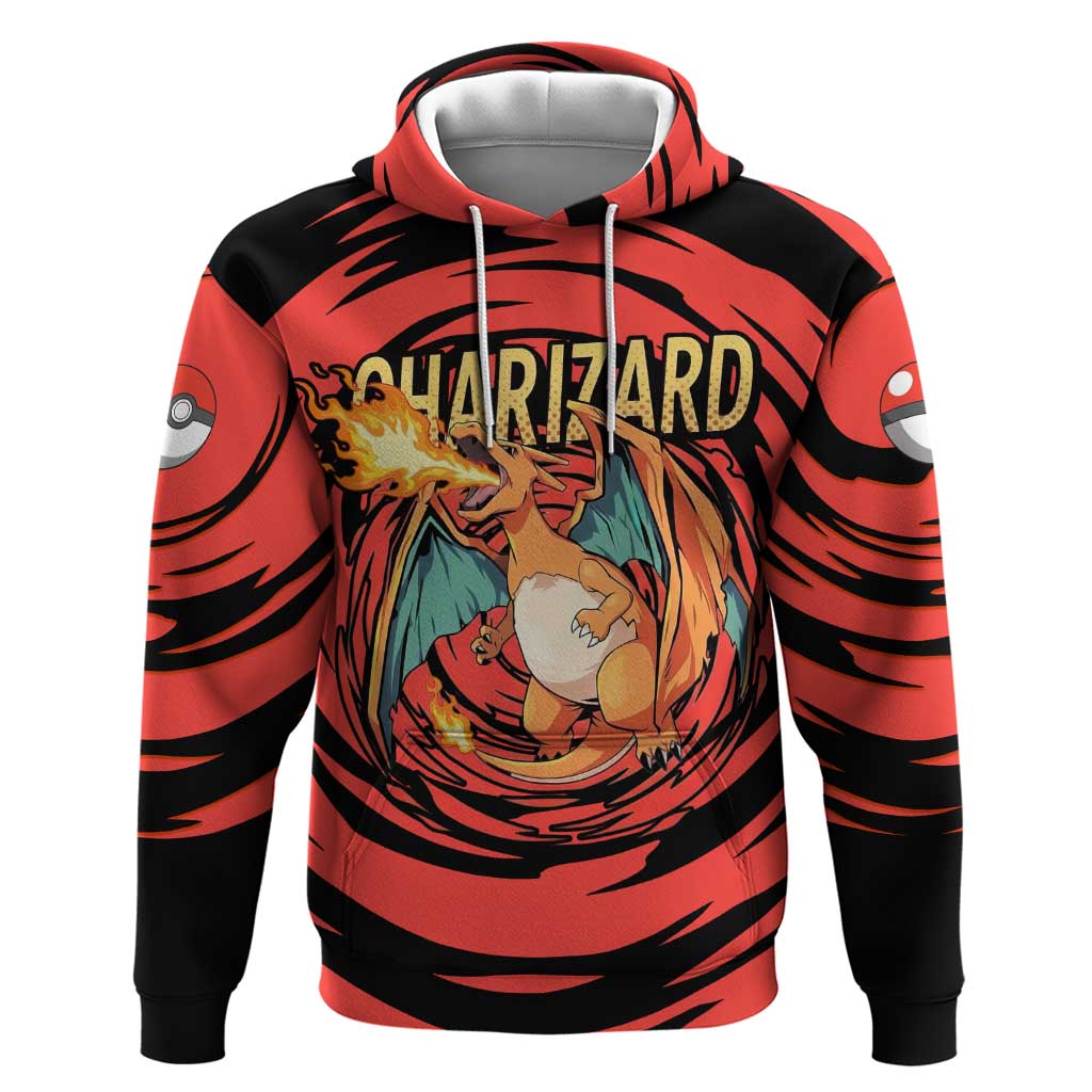 Charizard Pokémon Red and Black Swirl Design Zip Hoodie with Flames, Pokéball Accents, and Dynamic Fire-Breathing Pose - The Mazicc