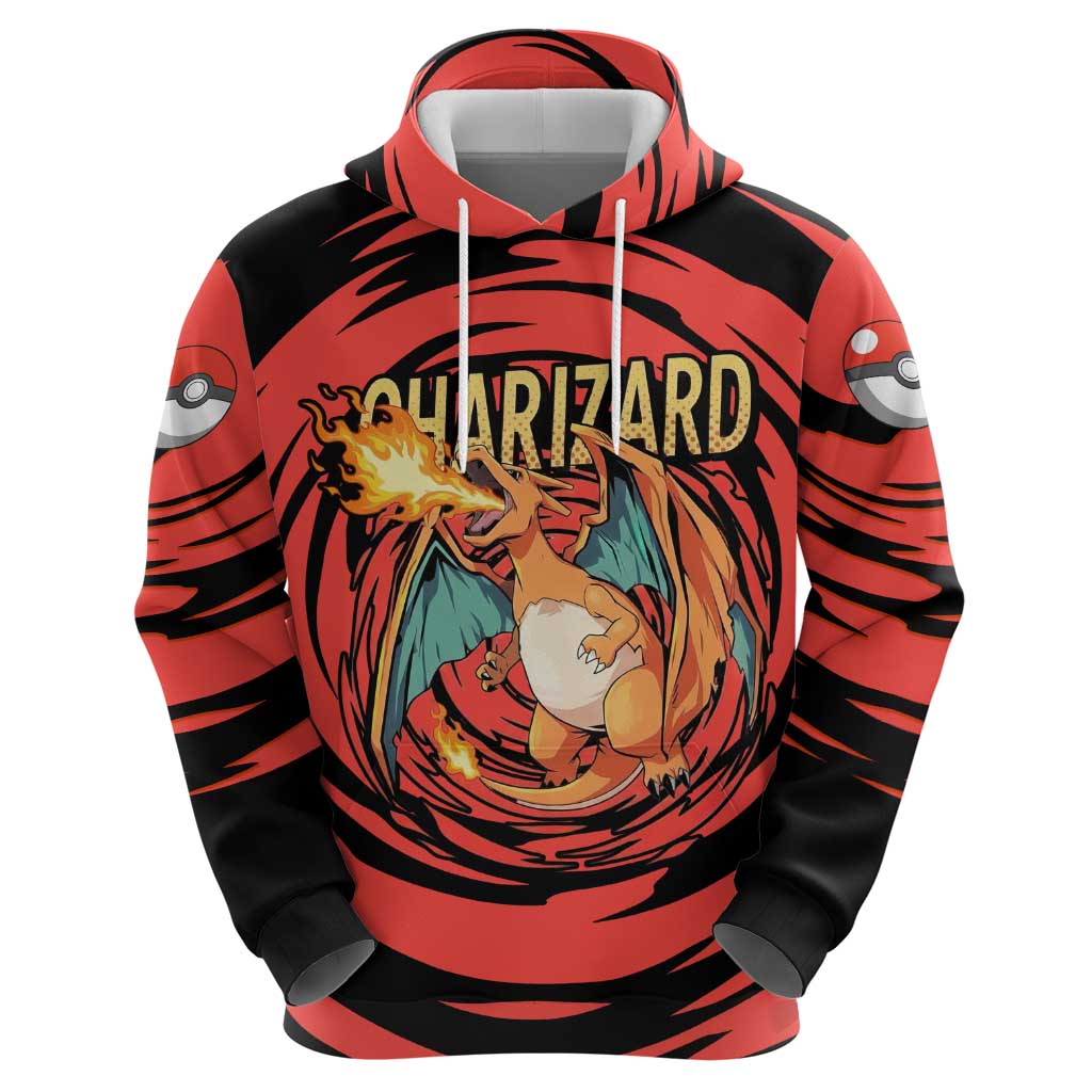 Charizard Pokémon Red and Black Swirl Design Zip Hoodie with Flames, Pokéball Accents, and Dynamic Fire-Breathing Pose - The Mazicc