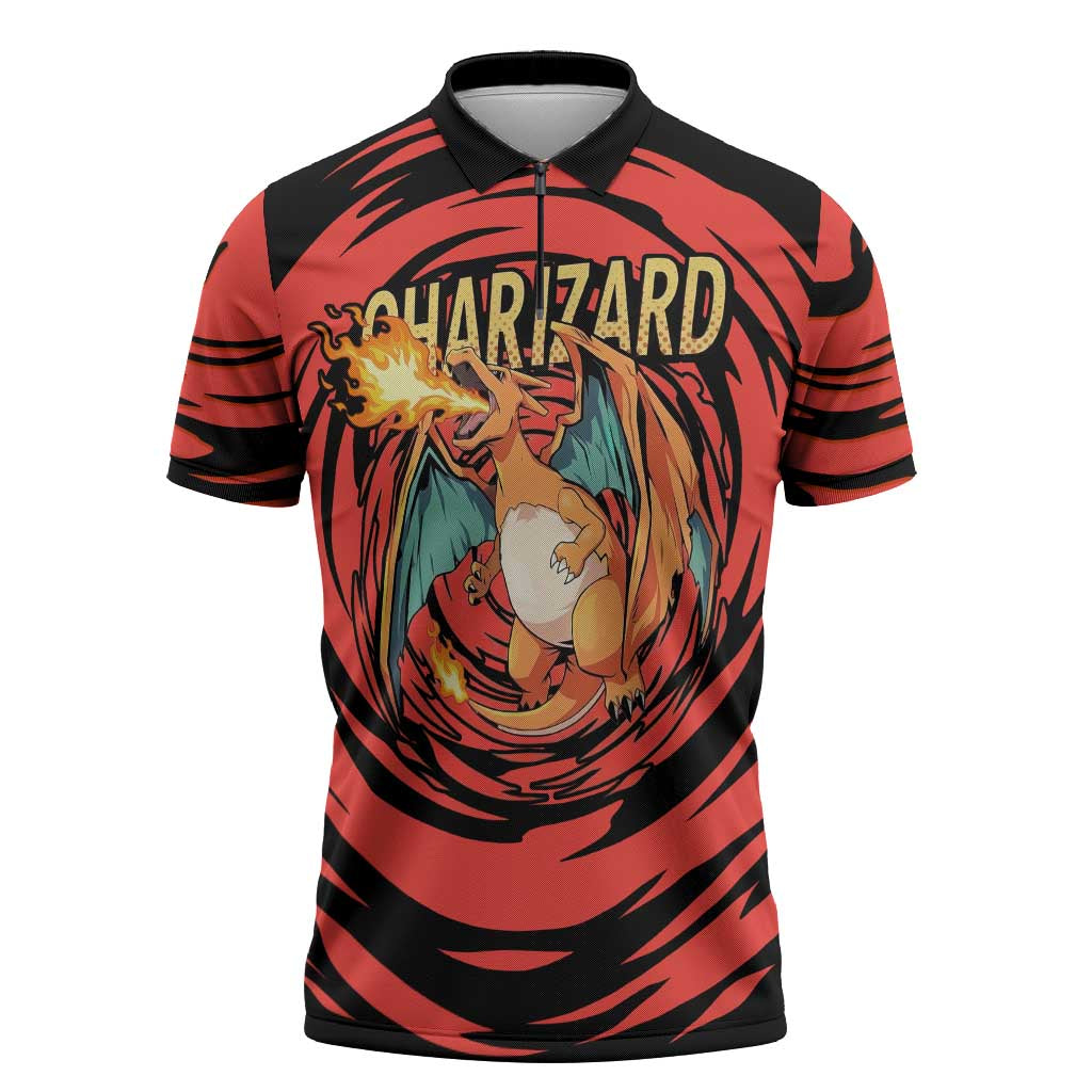 Charizard Pokémon Red and Black Swirl Design Zipper Polo Shirt with Flames, Pokéball Accents, and Dynamic Fire-Breathing Pose - The Mazicc