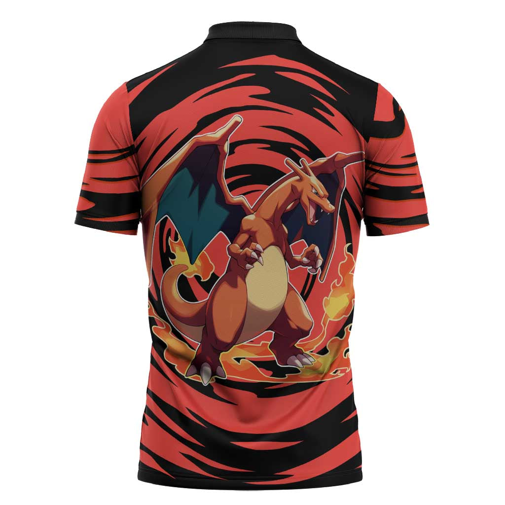 Charizard Pokémon Red and Black Swirl Design Zipper Polo Shirt with Flames, Pokéball Accents, and Dynamic Fire-Breathing Pose - The Mazicc