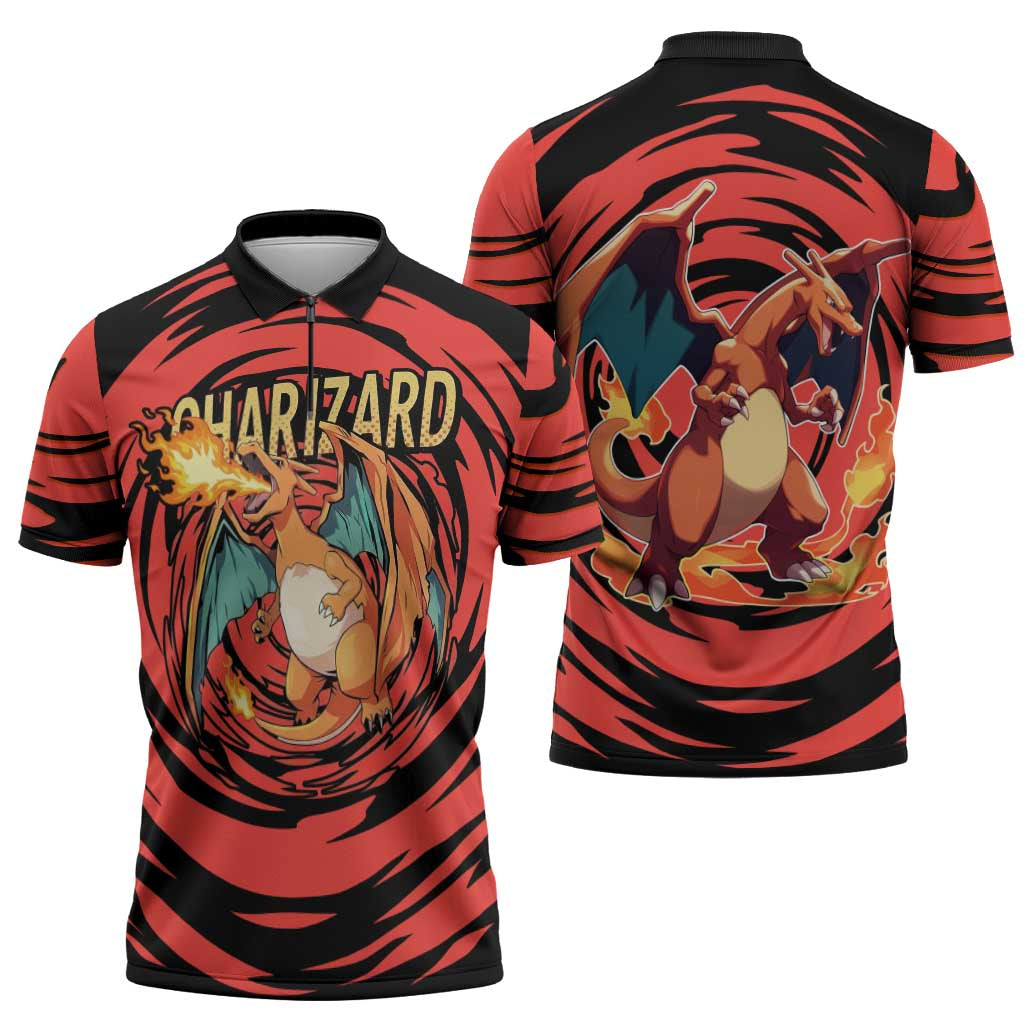 Charizard Pokémon Red and Black Swirl Design Zipper Polo Shirt with Flames, Pokéball Accents, and Dynamic Fire-Breathing Pose - The Mazicc