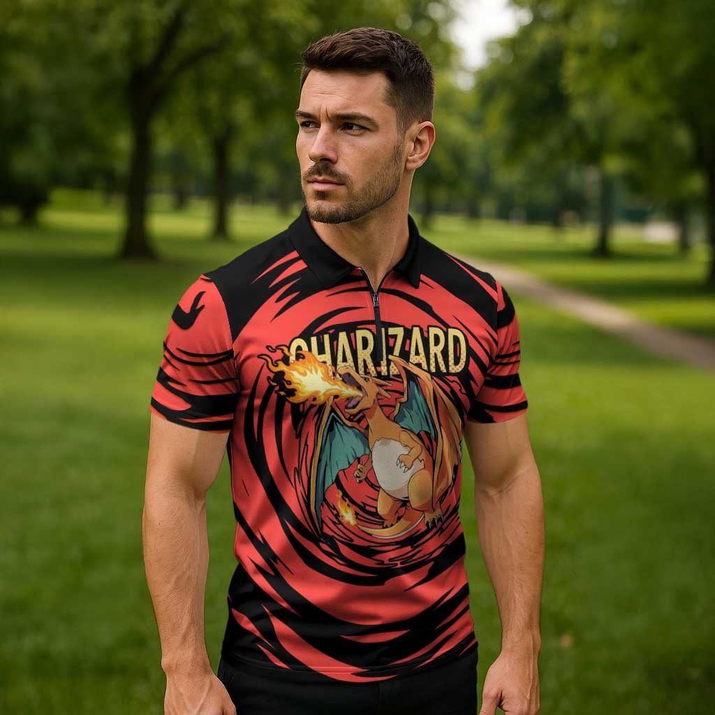 Charizard Pokémon Red and Black Swirl Design Zipper Polo Shirt with Flames, Pokéball Accents, and Dynamic Fire-Breathing Pose - The Mazicc