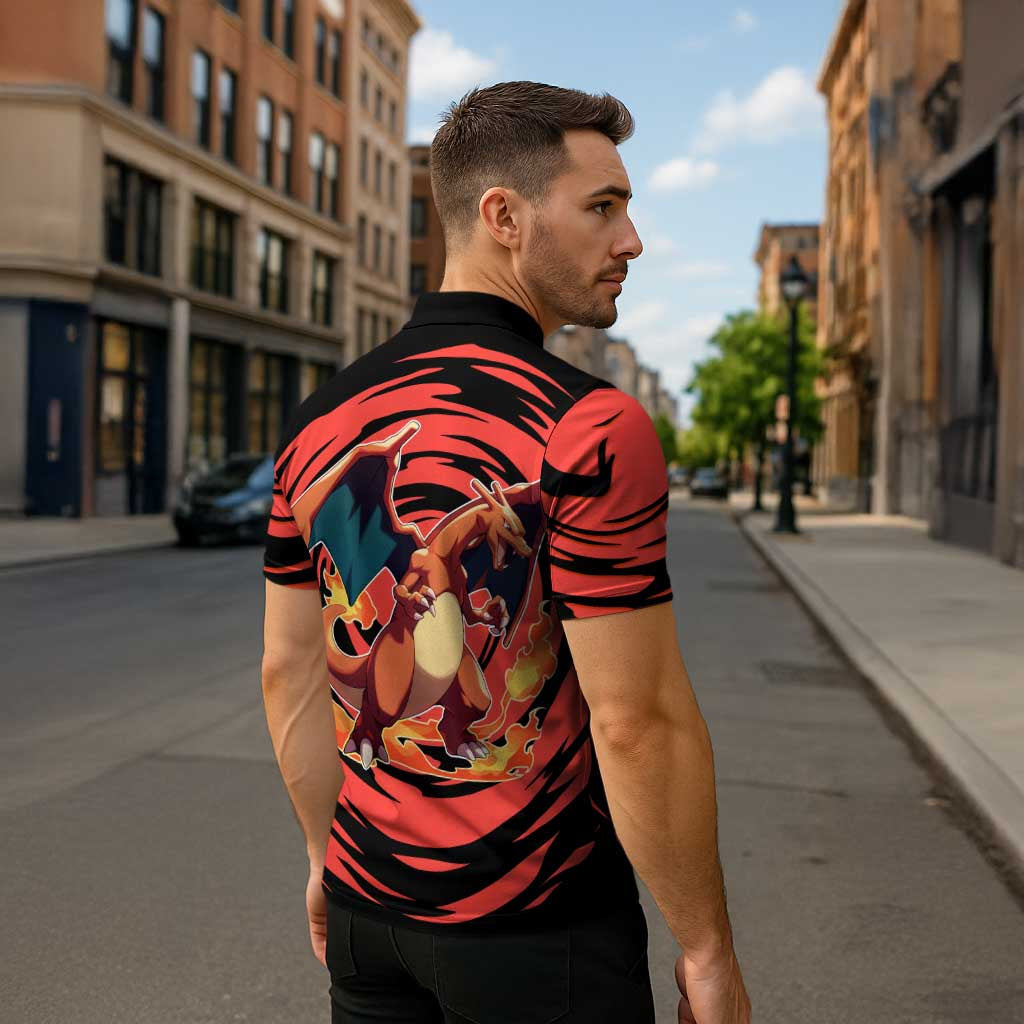 Charizard Pokémon Red and Black Swirl Design Zipper Polo Shirt with Flames, Pokéball Accents, and Dynamic Fire-Breathing Pose - The Mazicc