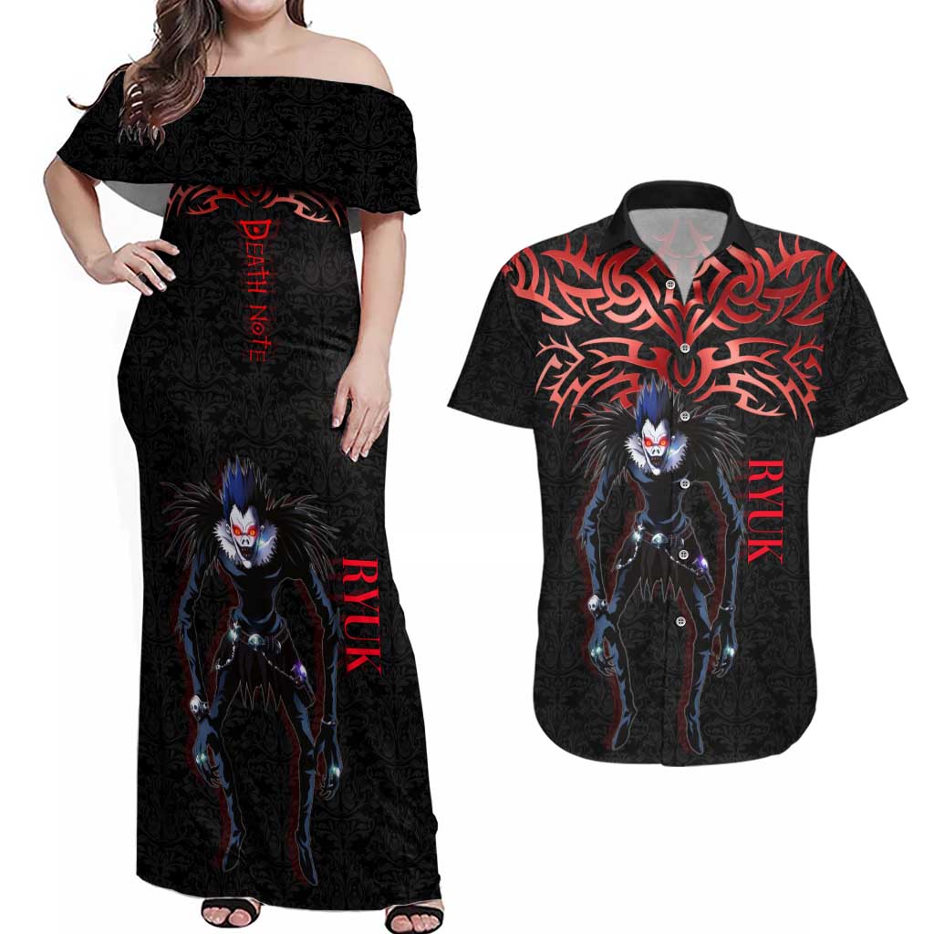 Ryuk Death Note Couples Matching Off Shoulder Maxi Dress and Hawaiian Shirt Death Note's Ryuk - Chaos, Apples & Darkness