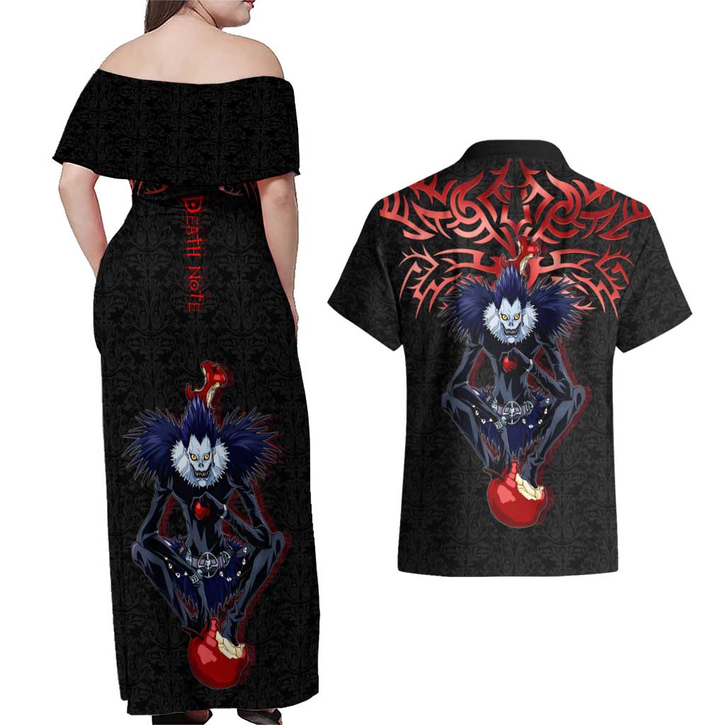 Ryuk Death Note Couples Matching Off Shoulder Maxi Dress and Hawaiian Shirt Death Note's Ryuk - Chaos, Apples & Darkness