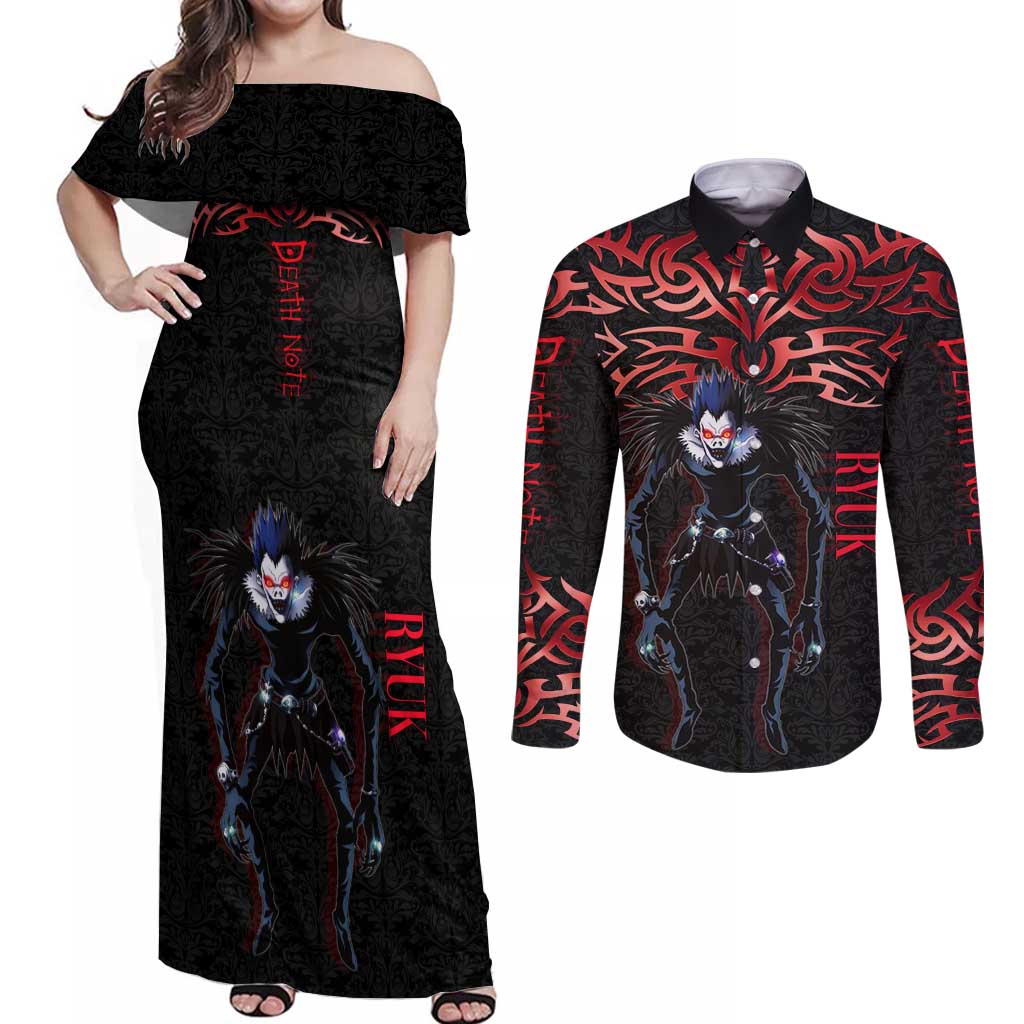 Ryuk Death Note Couples Matching Off Shoulder Maxi Dress and Long Sleeve Button Shirt Death Note's Ryuk - Chaos, Apples & Darkness