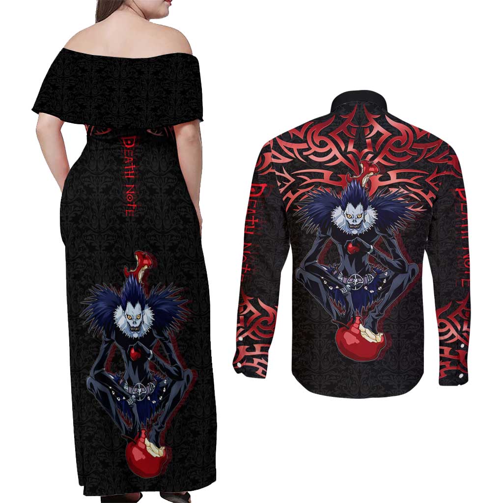 Ryuk Death Note Couples Matching Off Shoulder Maxi Dress and Long Sleeve Button Shirt Death Note's Ryuk - Chaos, Apples & Darkness