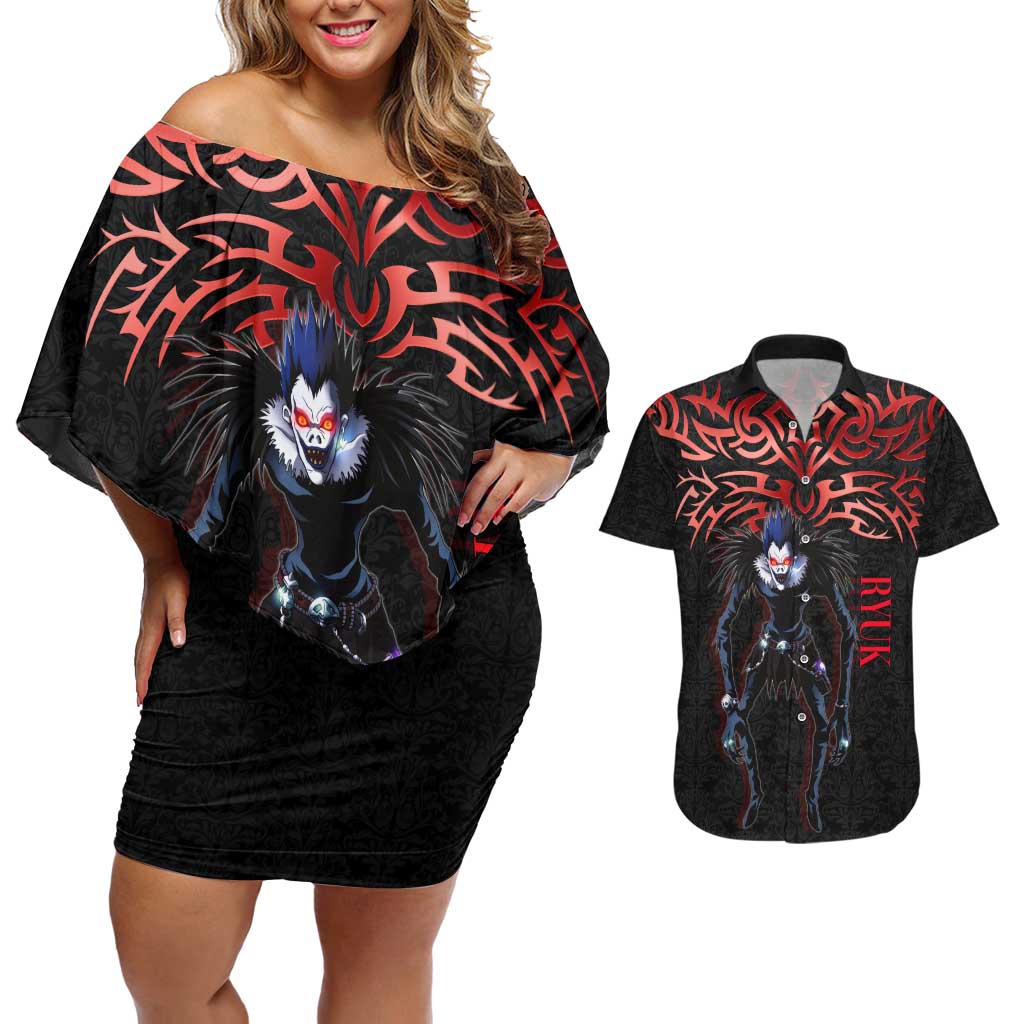 Ryuk Death Note Couples Matching Off Shoulder Short Dress and Hawaiian Shirt Death Note's Ryuk - Chaos, Apples & Darkness