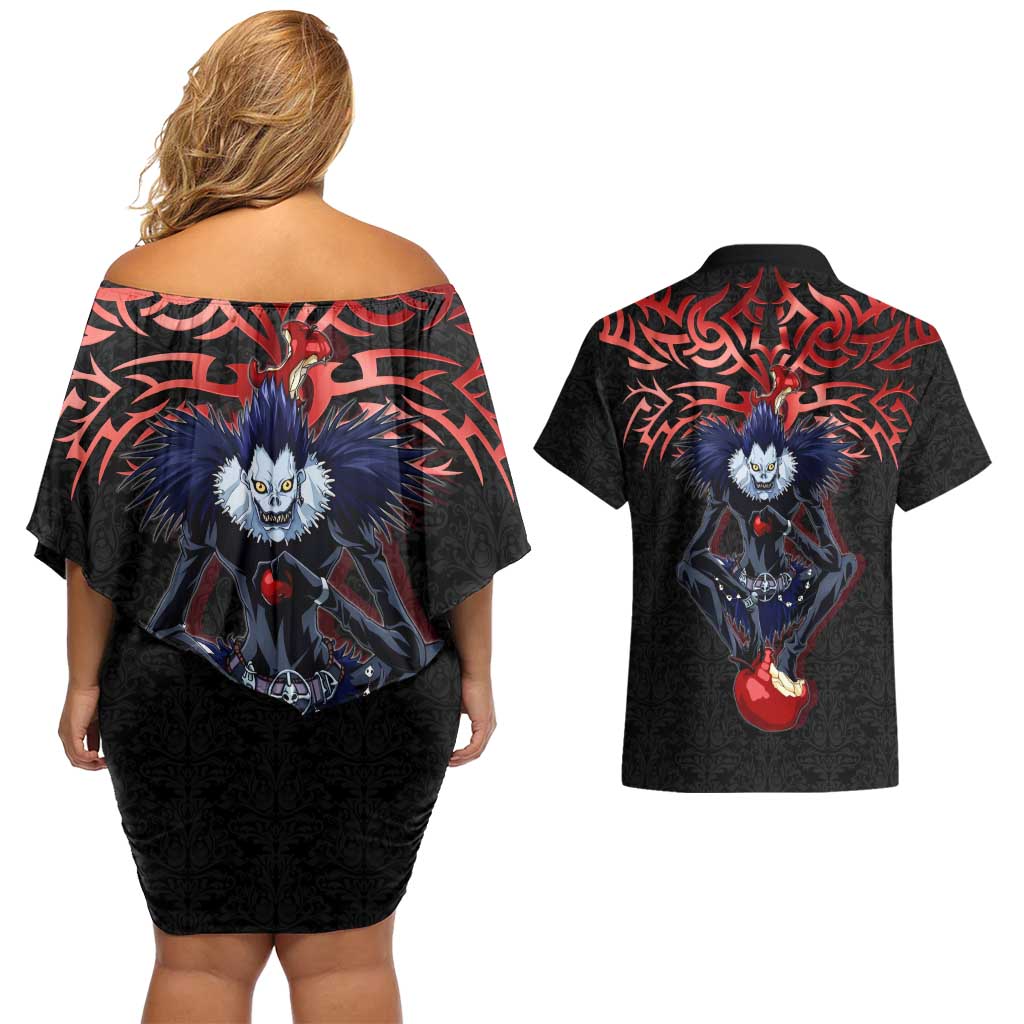 Ryuk Death Note Couples Matching Off Shoulder Short Dress and Hawaiian Shirt Death Note's Ryuk - Chaos, Apples & Darkness