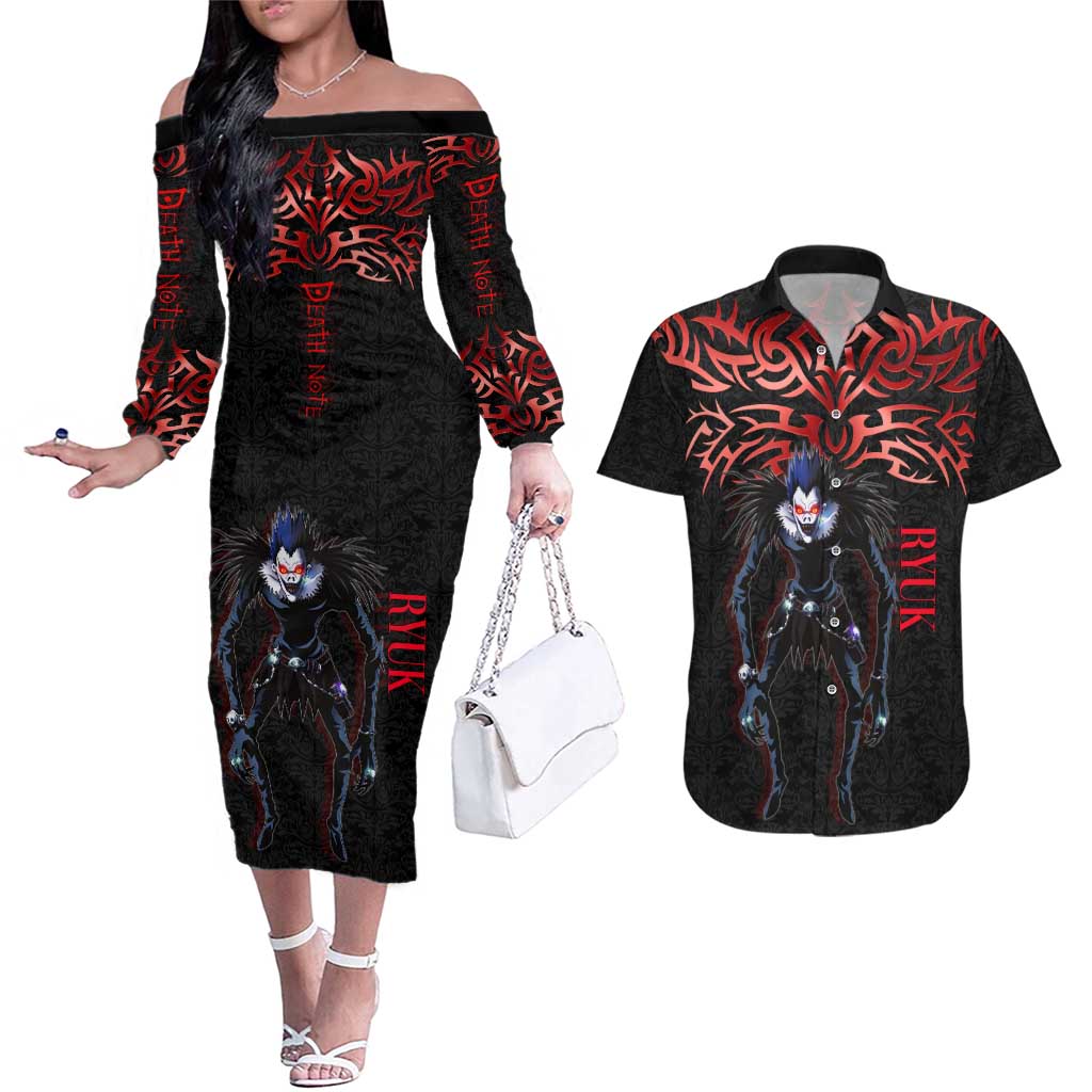 Ryuk Death Note Couples Matching Off The Shoulder Long Sleeve Dress and Hawaiian Shirt Death Note's Ryuk - Chaos, Apples & Darkness