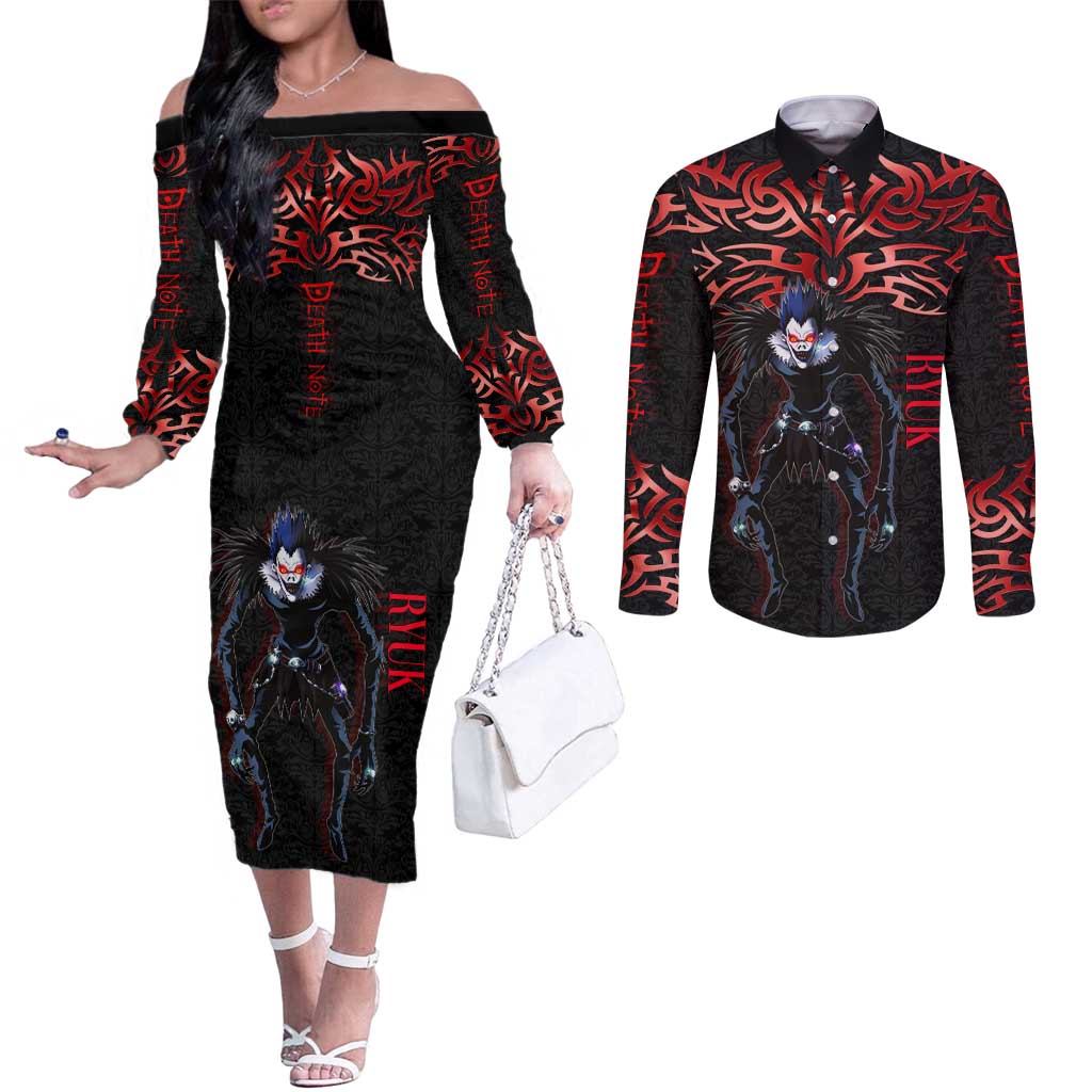 Ryuk Death Note Couples Matching Off The Shoulder Long Sleeve Dress and Long Sleeve Button Shirt Death Note's Ryuk - Chaos, Apples & Darkness