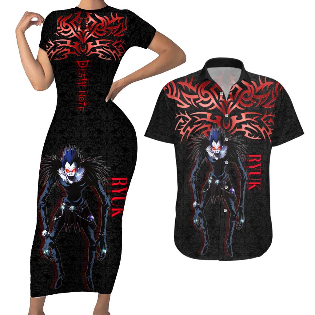 Ryuk Death Note Couples Matching Short Sleeve Bodycon Dress and Hawaiian Shirt Death Note's Ryuk - Chaos, Apples & Darkness