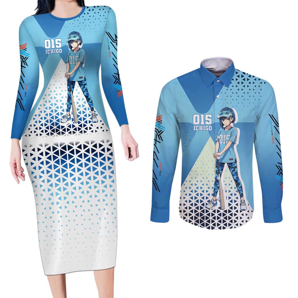 Ichigo Couples Matching Long Sleeve Bodycon Dress and Long Sleeve Button Shirt Cool Blue Baseball Anime Style