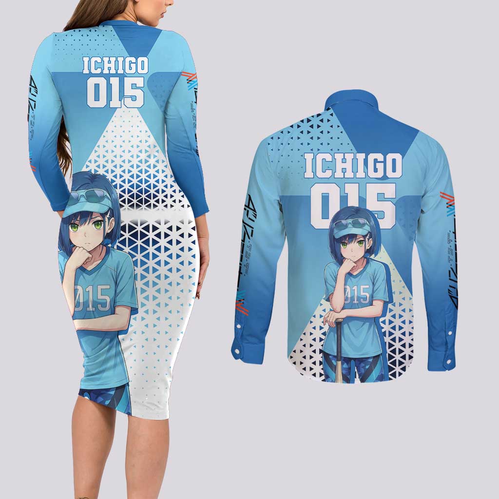 Ichigo Couples Matching Long Sleeve Bodycon Dress and Long Sleeve Button Shirt Cool Blue Baseball Anime Style