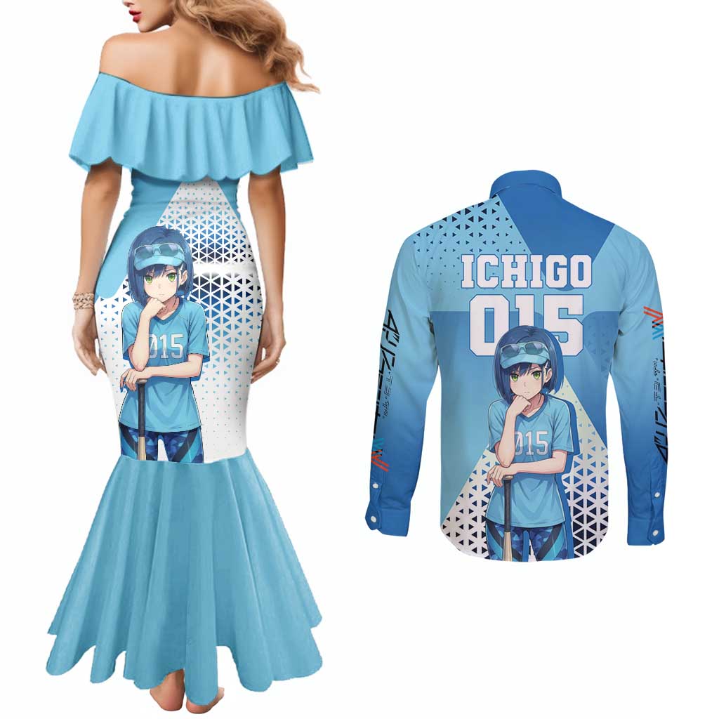 Ichigo Couples Matching Mermaid Dress and Long Sleeve Button Shirt Cool Blue Baseball Anime Style