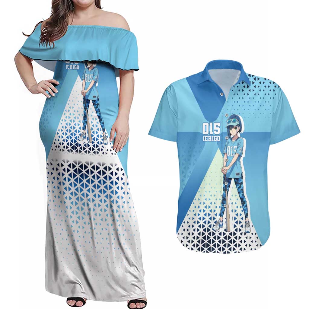Ichigo Couples Matching Off Shoulder Maxi Dress and Hawaiian Shirt Cool Blue Baseball Anime Style