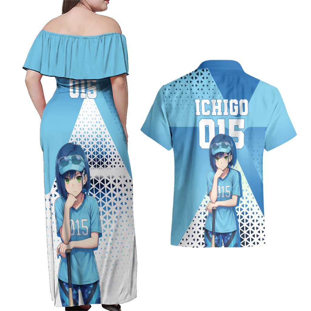 Ichigo Couples Matching Off Shoulder Maxi Dress and Hawaiian Shirt Cool Blue Baseball Anime Style