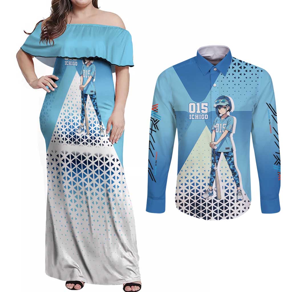 Ichigo Couples Matching Off Shoulder Maxi Dress and Long Sleeve Button Shirt Cool Blue Baseball Anime Style