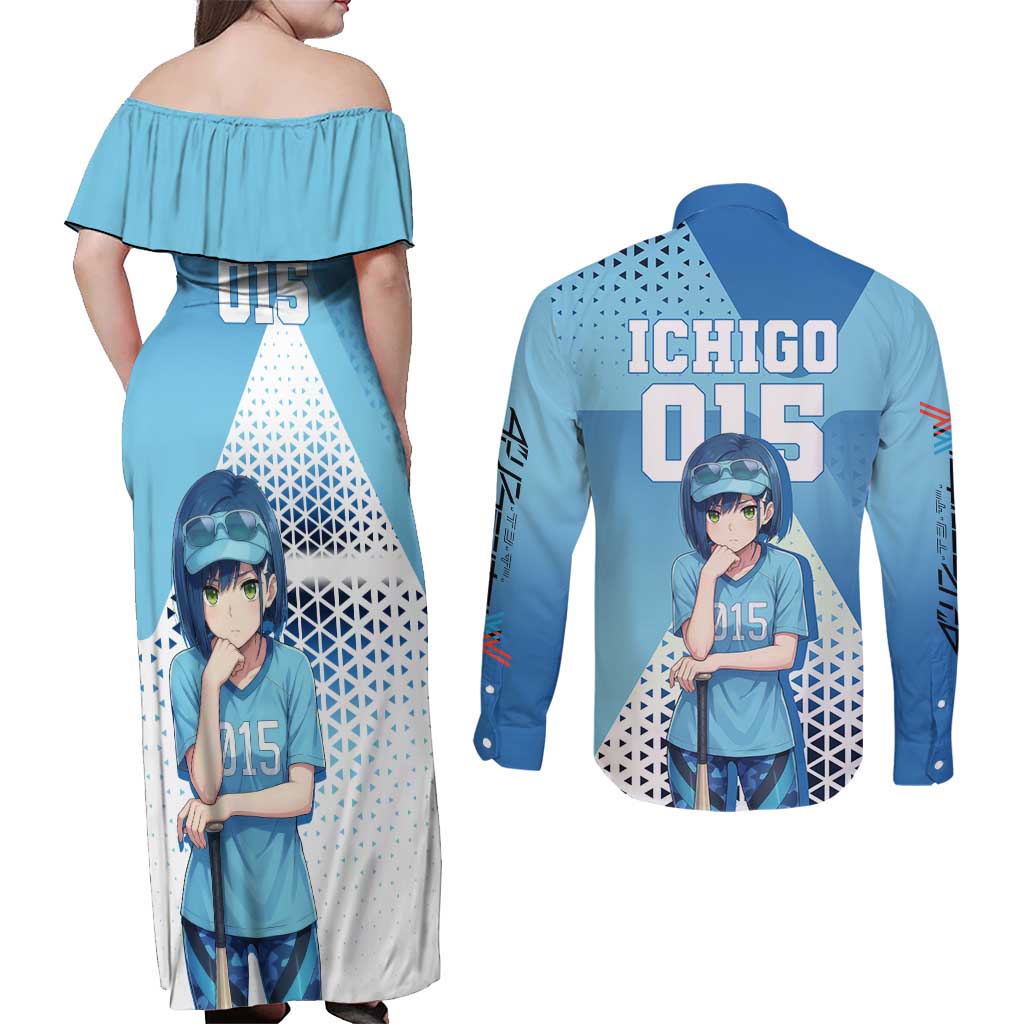 Ichigo Couples Matching Off Shoulder Maxi Dress and Long Sleeve Button Shirt Cool Blue Baseball Anime Style
