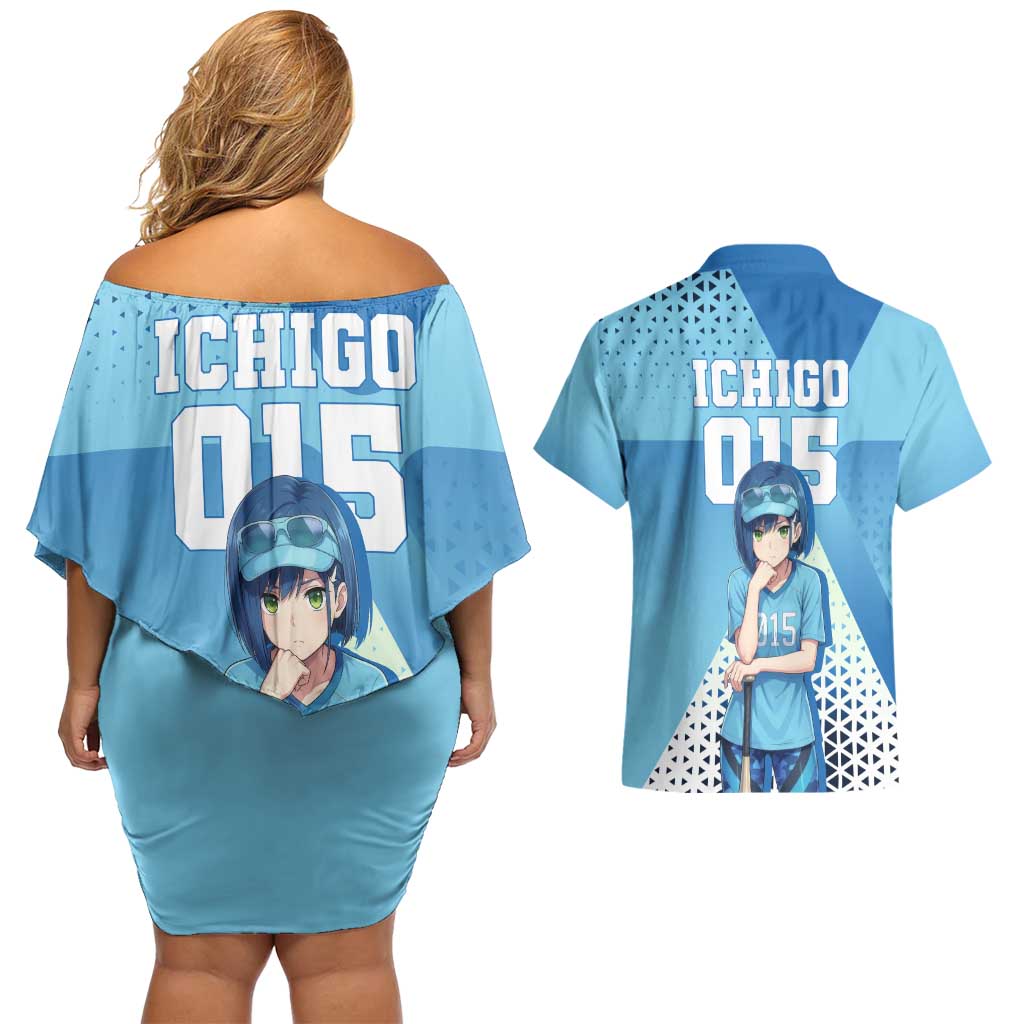 Ichigo Couples Matching Off Shoulder Short Dress and Hawaiian Shirt Cool Blue Baseball Anime Style