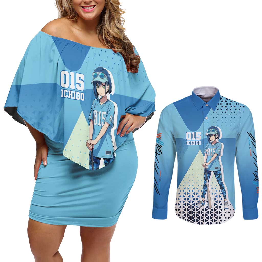 Ichigo Couples Matching Off Shoulder Short Dress and Long Sleeve Button Shirt Cool Blue Baseball Anime Style