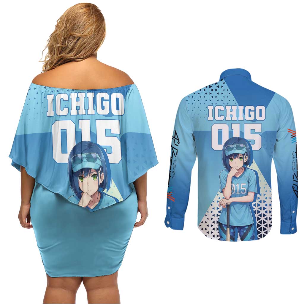 Ichigo Couples Matching Off Shoulder Short Dress and Long Sleeve Button Shirt Cool Blue Baseball Anime Style