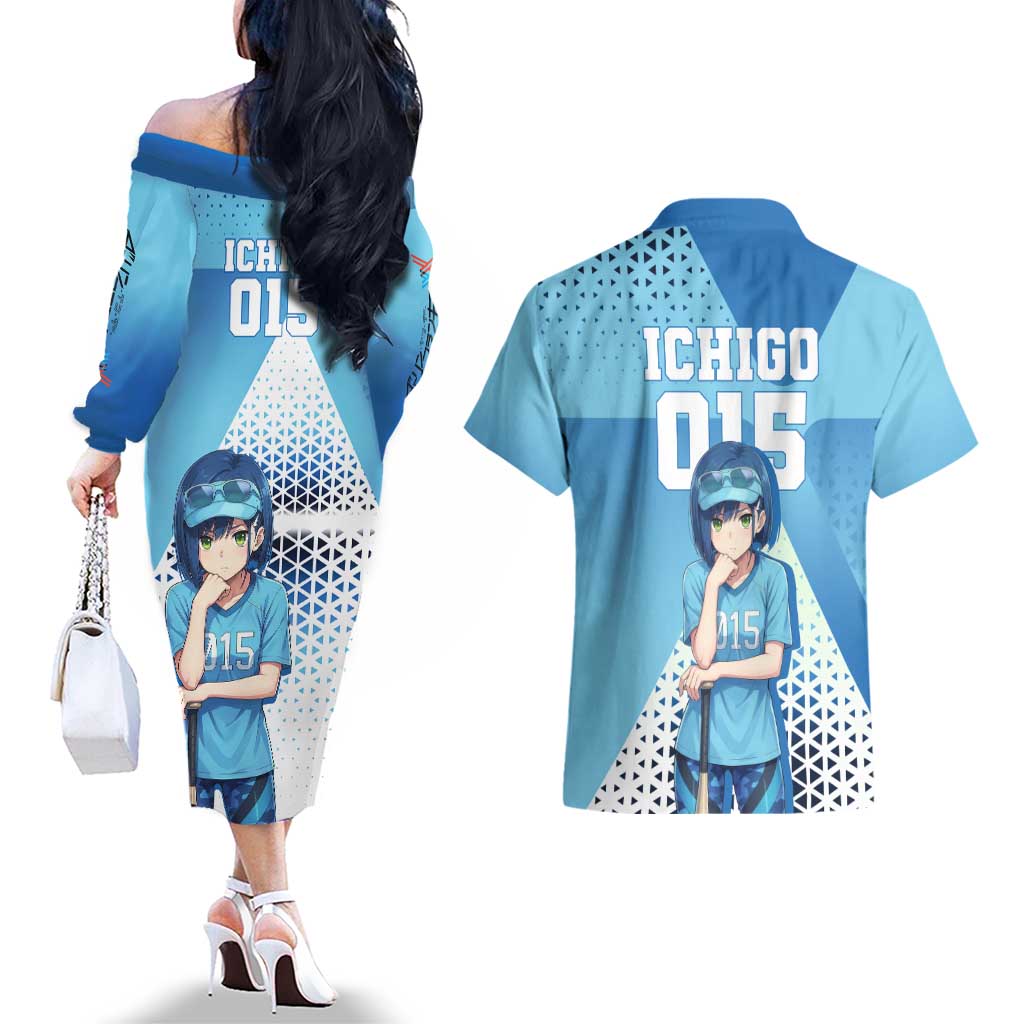 Ichigo Couples Matching Off The Shoulder Long Sleeve Dress and Hawaiian Shirt Cool Blue Baseball Anime Style