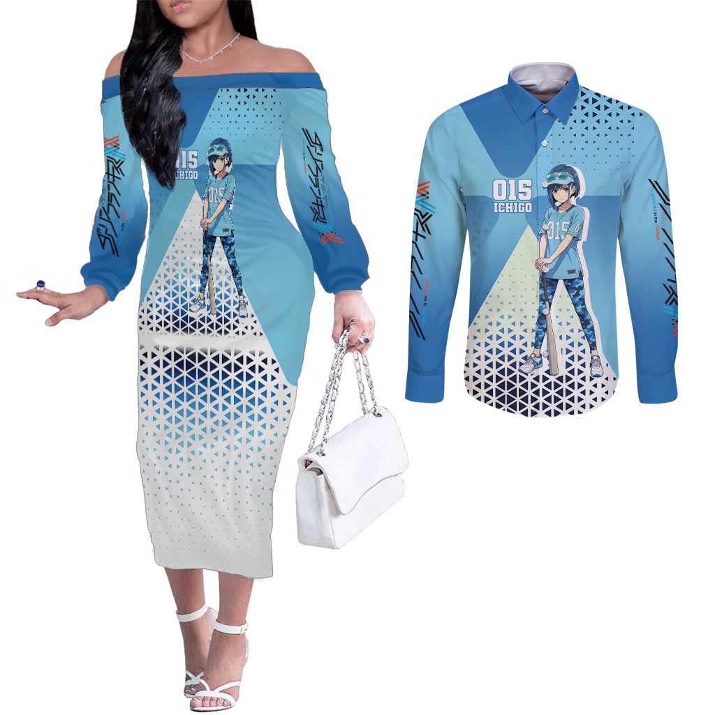 Ichigo Couples Matching Off The Shoulder Long Sleeve Dress and Long Sleeve Button Shirt Cool Blue Baseball Anime Style