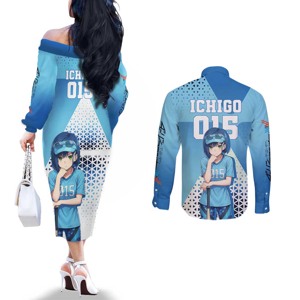 Ichigo Couples Matching Off The Shoulder Long Sleeve Dress and Long Sleeve Button Shirt Cool Blue Baseball Anime Style