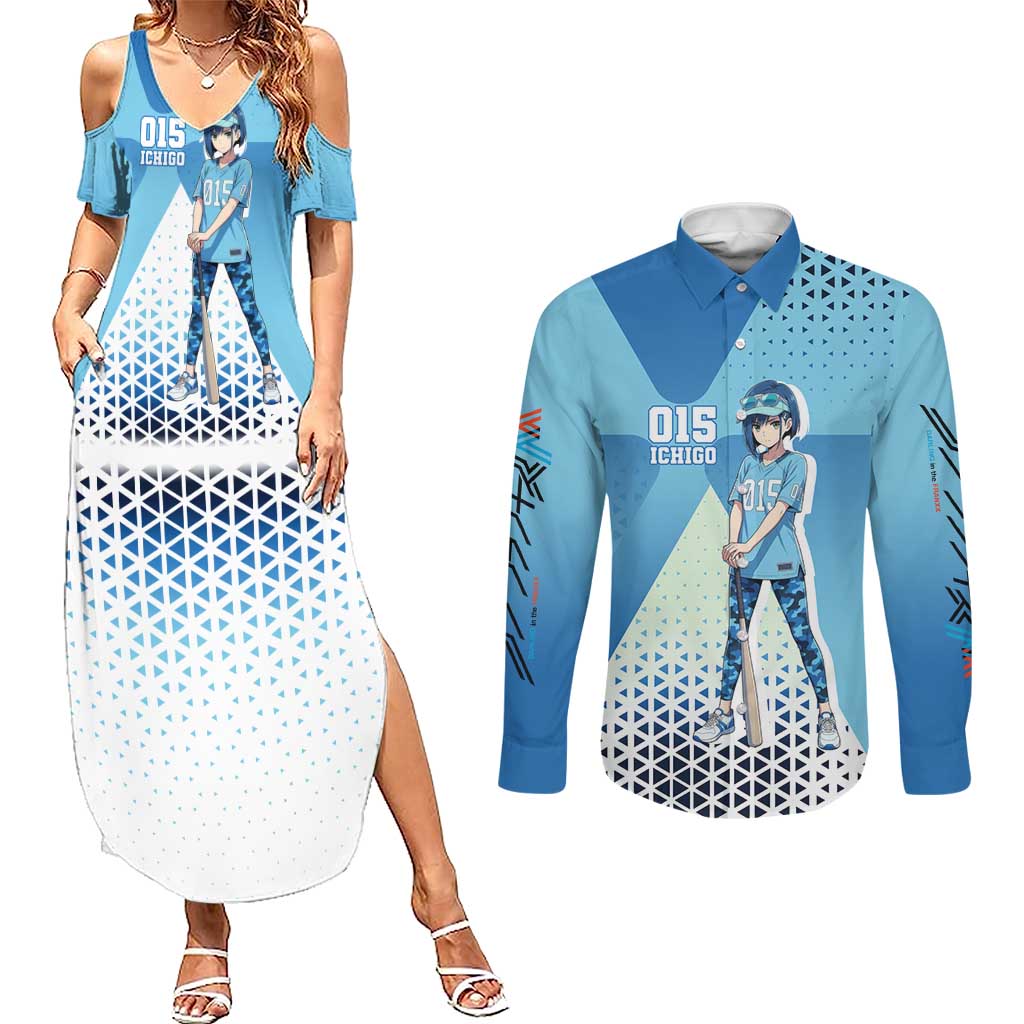 Ichigo Couples Matching Summer Maxi Dress and Long Sleeve Button Shirt Cool Blue Baseball Anime Style