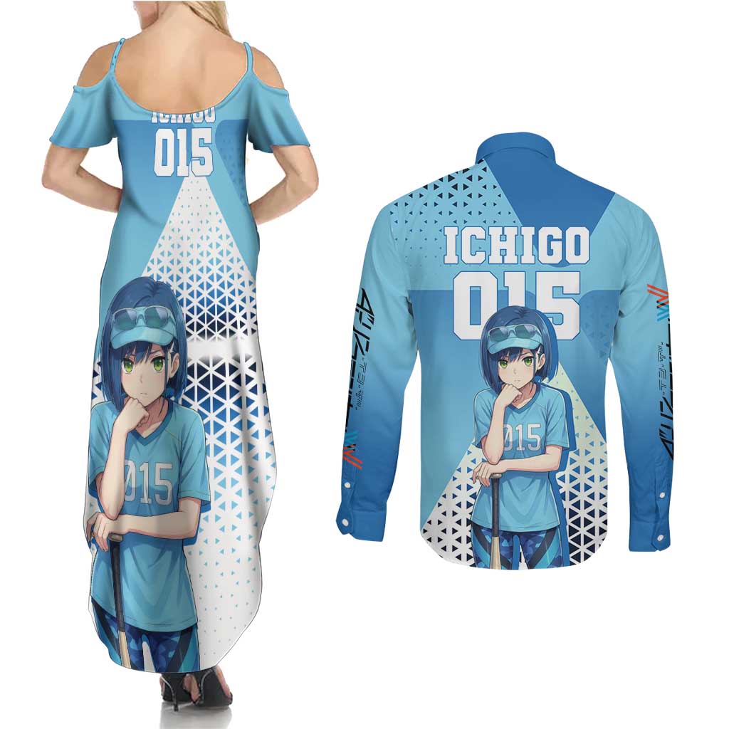 Ichigo Couples Matching Summer Maxi Dress and Long Sleeve Button Shirt Cool Blue Baseball Anime Style