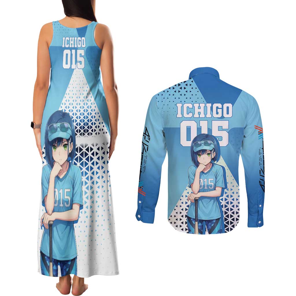Ichigo Couples Matching Tank Maxi Dress and Long Sleeve Button Shirt Cool Blue Baseball Anime Style