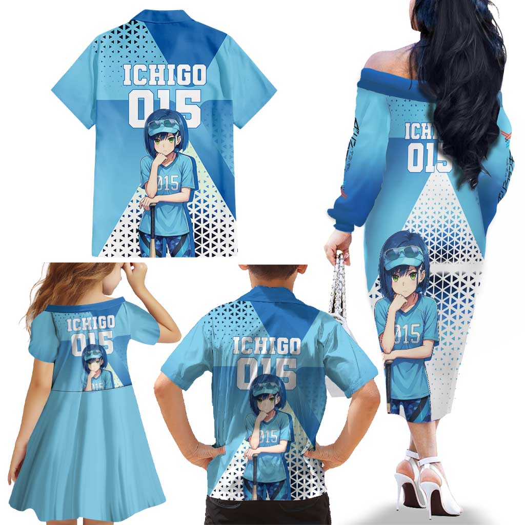 Ichigo Family Matching Off The Shoulder Long Sleeve Dress and Hawaiian Shirt Cool Blue Baseball Anime Style
