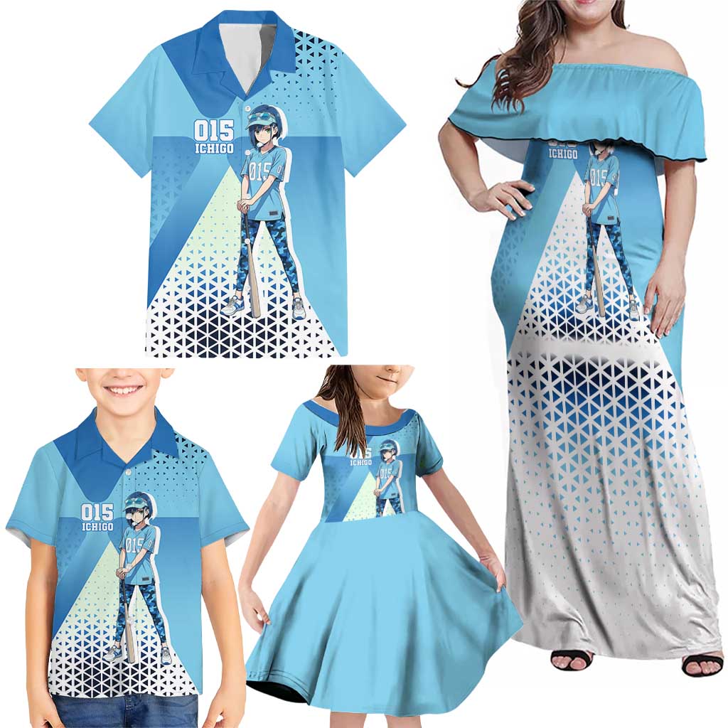 Ichigo Family Matching Off Shoulder Maxi Dress and Hawaiian Shirt Cool Blue Baseball Anime Style