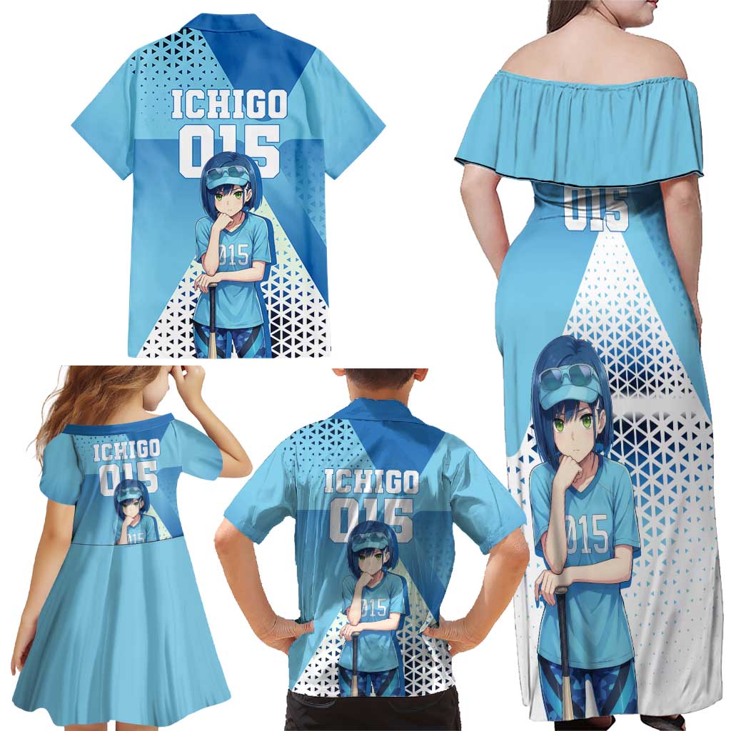 Ichigo Family Matching Off Shoulder Maxi Dress and Hawaiian Shirt Cool Blue Baseball Anime Style