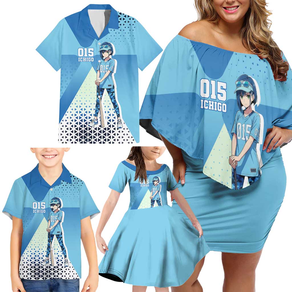 Ichigo Family Matching Off Shoulder Short Dress and Hawaiian Shirt Cool Blue Baseball Anime Style